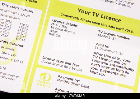 Permis de TV avec les détails de paiement par débit direct Banque D'Images