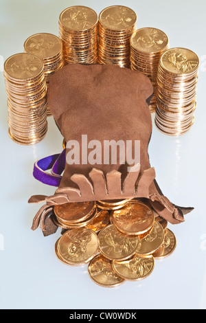 Des piles de pièces d'or en dollars avec l'image de l'amérindien sacajawea pochette en cuir de coulée
