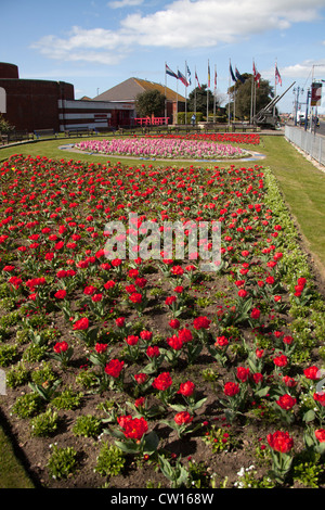 Ville de Portsmouth, en Angleterre. Vue pittoresque de fleurs en pleine floraison avec l'Portsmouth D-Day Museum de l'arrière-plan. Banque D'Images