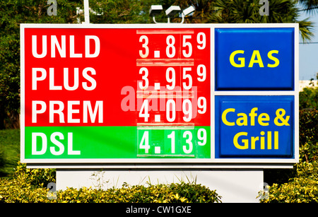 Station de carburant ou de gaz générique signe avec le gaz et les prix du carburant diesel et de gaz isolé signe avec le feuillage et le ciel en arrière-plan. Banque D'Images