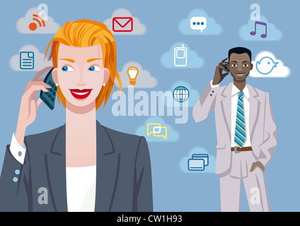 Caucasian Businesswoman et Black Businessman Talking On Mobile Phone. En plus de leur il y a un ensemble d'icônes de la communication. Banque D'Images