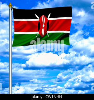 Kenya waving flag against blue sky Banque D'Images