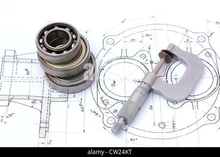 Trois roulements à billes sur et sur avec micromètre sur dessin technique Banque D'Images
