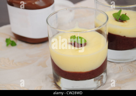 Chocolat et crème vanille, servi dans des verres, décorés de feuilles de menthe Banque D'Images