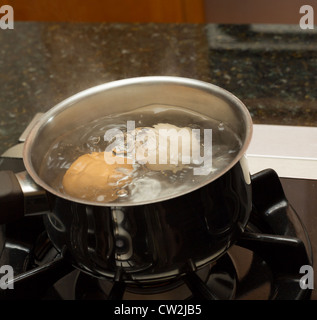 Deux œufs dans l'eau bouillante dans la casserole en acier inoxydable sur une cuisinière à gaz Banque D'Images