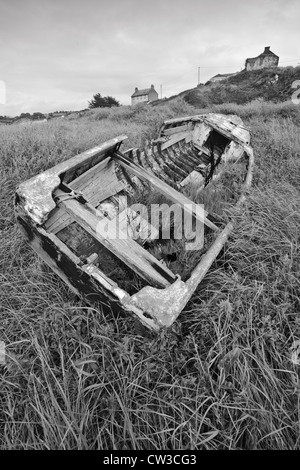 Bateau cassé dans les roseaux sur la rive de l'autre ignorée par des maisons en noir et blanc en Irlande Banque D'Images