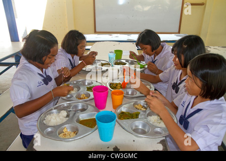Les élèves de l'école élémentaire thaïlandais mangent le déjeuner sur l'île de Ko Samui, Thaïlande. Banque D'Images