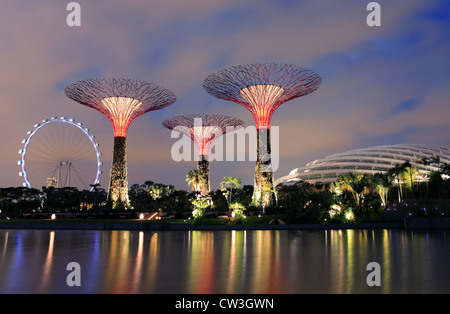 Supertrees et Dôme de fleurs dans les jardins d'hiver par la baie de Singapour avec le Singapore Flyer derrière. Banque D'Images