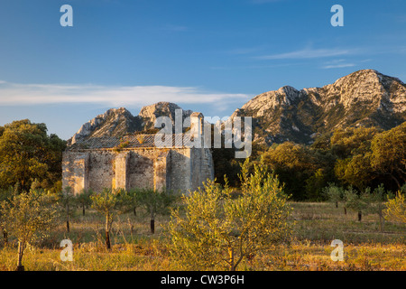 Aube sur Chapelle de Romanin et les montagnes des Alpilles proche de Saint Remy de Provence, France Banque D'Images