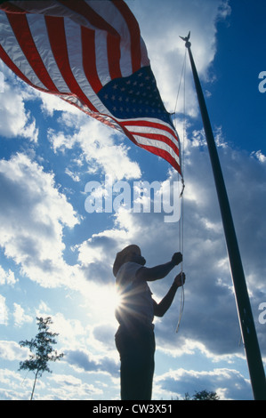 L'homme drapeau américain en Nouvelle Gorge National Park, West Virginia Banque D'Images