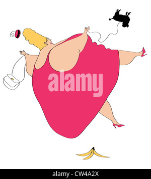 Grosse femme et petit chien glisse sur peau de banane Banque D'Images