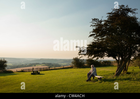 Vieux monsieur assis sur un banc de parc de pays bénéficiant du soleil du soir looking at camera Banque D'Images