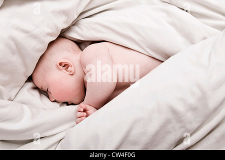 Bébé de quatre mois garçon dans les couvertures de Couette Banque D'Images