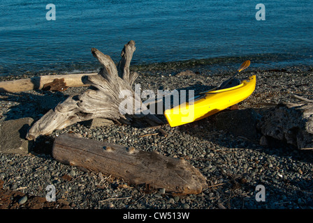 Kayak jaune avec palettes repose sur plage de rochers et de bois flotté, sur la rive. Banque D'Images