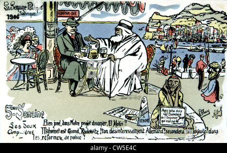 Carte postale satirique sur la colonisation au cours de la Conférence d'Algesiras, à propos de l'allemand sur les attentes du Maroc. Banque D'Images