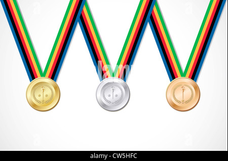 Ensemble d'or argent bronze avec ruban fond blanc Banque D'Images
