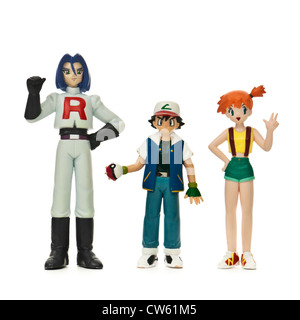 Trio de vintage Pokemon action figures - de gauche à droite : James (Team Rocket), Sacha et Misty (Kasumi) Banque D'Images