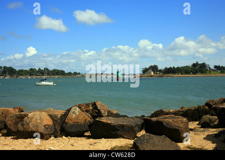 Vue sur chapelle sur l'ile de boedic de Roguedas, Golfe du Morbihan, Vannes, Morbihan, Bretagne, France Banque D'Images