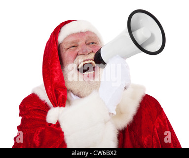 Portrait du Père Noël à l'aide de mégaphone. Le tout sur fond blanc. Banque D'Images