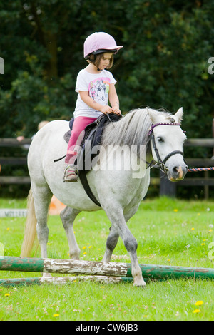 Une jeune fille sur un cheval blanc en cours d'avance sur un petit saut en bois dans un enclos d'herbe dans la campagne anglaise en été Banque D'Images