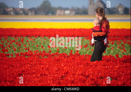 Jardin commun tulip (Tulipa Gesneriana), Mère et bébé Girl in red tulips field, Pays-Bas Banque D'Images