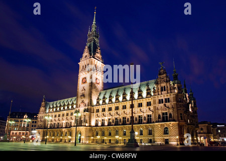 Hôtel de ville la nuit, l'Allemagne, Hambourg Banque D'Images