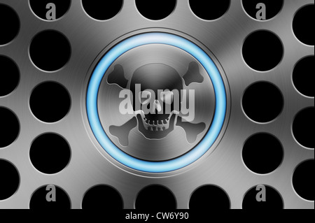 Crâne et Crossbones sur un bouton style Mac, en aluminium brossé argenté. Image conceptuelle Banque D'Images