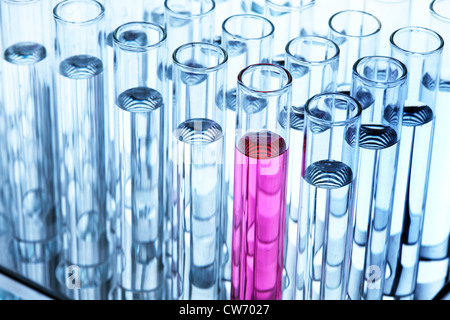 Plusieurs tubes à essai remplis de liquide incolore et un liquide rose avec standing in a test tube rack Banque D'Images