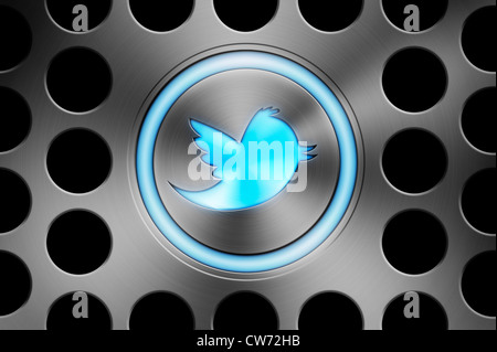 Icône Bouton twitter sur un Mac d'Apple en aluminium brossé style background image concept. Banque D'Images