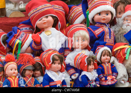 Des poupées en costume traditionnel de Sami, en Norvège, Bergen Banque D'Images