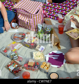 Les personnes assises sur l'herbe commencent à profiter d'un pique-nique d'été non installé dans le parc de Potters Fields Southwark Londres Angleterre Royaume-Uni Banque D'Images