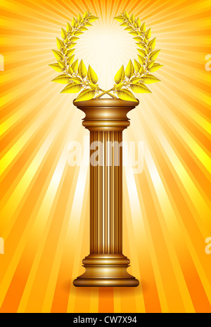 Avec la colonne Prix gagnant d'or couronne de laurier plus de rayons de soleil background.Illustration Banque D'Images