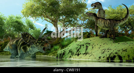 Deux dinosaures Tyrannosaurus roar en frustration comme dinosaure Coahuilaceratops utilise l'eau comme un refuge contre l'attaque. Banque D'Images