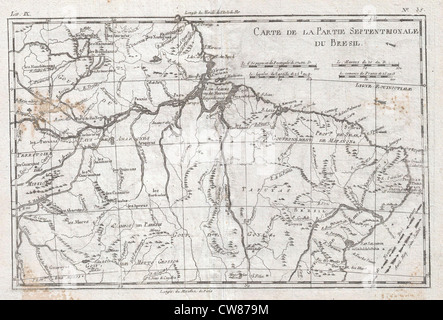 La carte Raynal et bonne du nord du Brésil de 1780 fournit une vue détaillée de la région au XVIIIe siècle. Il représente les caractéristiques géographiques, les zones côtières et les premières colonies coloniales. Cette carte antique est un artefact important pour comprendre le tracé historique des territoires du nord du Brésil. Banque D'Images