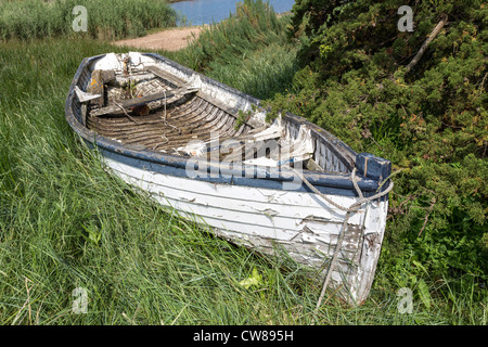 Le squelette d'un vieux bateau en décomposition vétustes et laissés à pourrir sur un marais 'sel' dans l'East Anglia, Royaume-Uni Banque D'Images