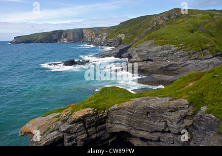 La côte de Cornouailles à Tintagel, Trebarwith Strand près de Cornwall, en Angleterre. C'est une côte protégée et très robuste. Banque D'Images