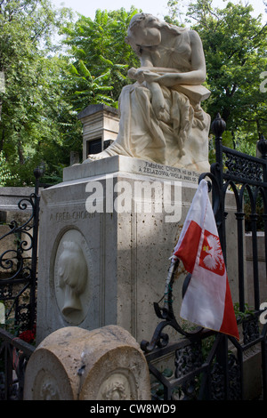 Le célèbre tombeau du compositeur polonais Frédéric François Chopin dans le cimetière du Père Lachaise, Paris. Chopin est un compositeur et pianiste virtuose d'origine franco-polonais. Il est considéré comme l'un des grands maîtres de la musique romantique. Chopin est né à Żelazowa Wola, un village dans le Duché de Varsovie. Un enfant prodige de Chopin, pianiste et compositeur a grandi à Varsovie et a terminé sa formation musicale : il compose plusieurs œuvres matures à Varsovie avant de quitter la Pologne en 1830 à l'âge de 20 ans. Banque D'Images