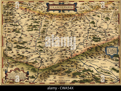 1570 Plan de la Transylvanie, maintenant la partie ouest de la Roumanie et de l'accueil légendaire du vampire Dracula. À partir d'Abraham Ortelius, Banque D'Images