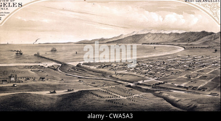Vue de Los Angeles, Californie. Santa Monica, à au sud de l'océan Pacifique et montagnes de Santa Monica, et d'un port. 1877 Banque D'Images