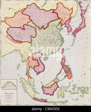 1932 Carte de l'Asie de l'Est, montrant que les Nations unies seraient devenus des cibles de l'expansion et l'invasion japonaise dans la guerre sino-japonaise Banque D'Images