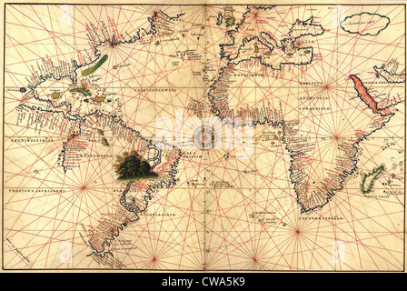 1544 carte nautique de l'océan Atlantique, montrant l'Est de l'Atlantique Nord, des Caraïbes, d'Amérique du Sud, Afrique, Europe. Banque D'Images