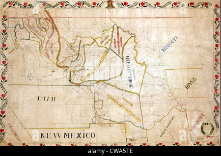 1851 Plan de la partie supérieure des grandes plaines et montagnes Rocheuses région montre les territoires de diverses tribus indiennes d'Amérique du Nord. Banque D'Images