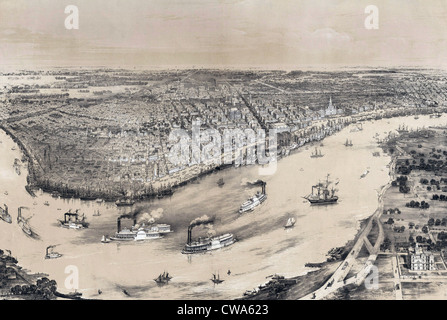 Birds eye view' de La Nouvelle-Orléans en 1851,avec le trafic fluvial dense sur le fleuve Mississippi. Banque D'Images