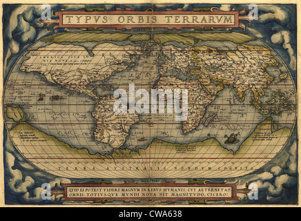 1570 carte du monde. L'Australie est dépeint comme un grand sud continent polaire. À partir d'Abraham Ortelius atlas', 'Theatrvm orbis Banque D'Images