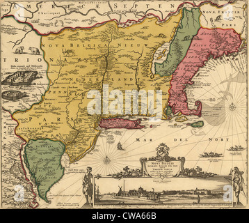 17e siècle plan de terre qui est devenu la Nouvelle Angleterre, New Jersey et New York. La carte comprend un point de vue sur New Amsterdam, plus tard de nouvelles Banque D'Images