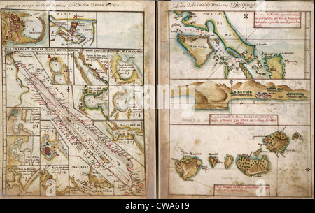 1630 carte portugaise de l'Asie, montrant la côte en grand détail recueillies par un siècle de l'explorations portugaises en Asie. Banque D'Images
