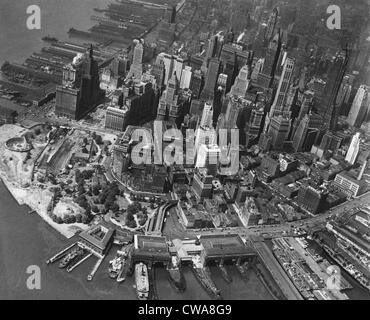 La ville de New York, vue sur le quartier financier au centre-ville de Manhattan, prises à partir d'un dirigeable volant à 1500 ft.au-dessus de la ville, Banque D'Images