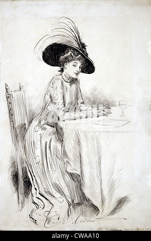 1910 dessin de Charles Dana Gibson (1867-1944), "Patience", montre une Gibson girl seule à la table. Banque D'Images