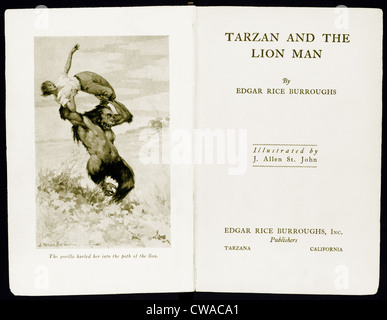 Tarzan et le Lion Man, 1934, par Edgar Rice Burroughs (1875-1950), auteur américain. Page de titre avec une illustration d'un Banque D'Images