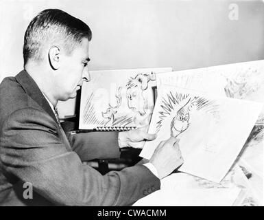 Ted Geisel (Dr Seuss) (1904-1991) (au travail) sur un dessin de le Grinch, un personnage dans son livre, "Comment le Grinch a volé Banque D'Images